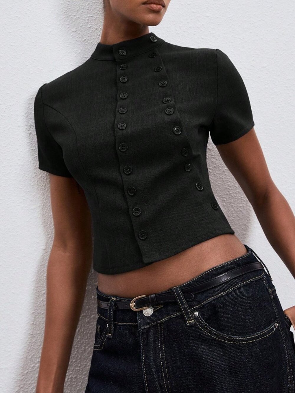Black Casual Women's Double-Breasted Short Sleeve Blouse - Picture 1 of 6